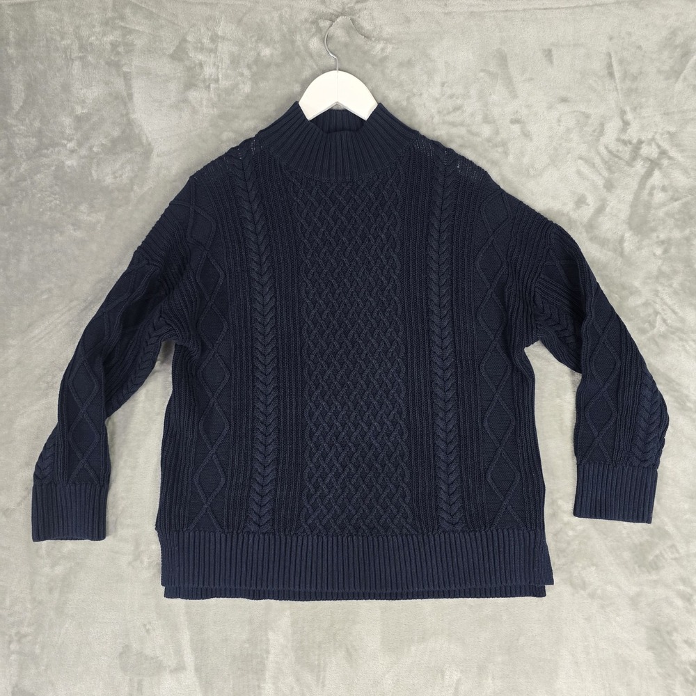 J.Crew Womens Long Cotton Cable-Knit Mockneck Sweater Small Blue Fisherman
